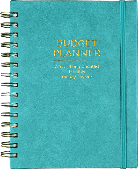 Teal budget planner with gold spiral binding and front title design