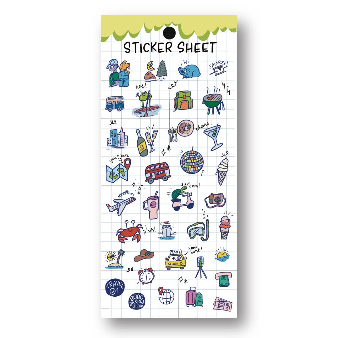Clear planner sticker sheet with colorful travel icons and scalloped header