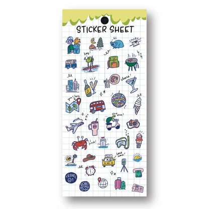 Clear planner sticker sheet with colorful travel icons and scalloped header