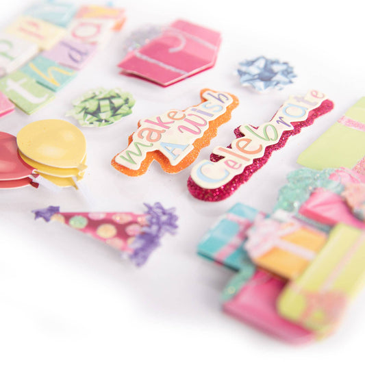 3D birthday stickers with raised "make a wish" and "Celebrate" script