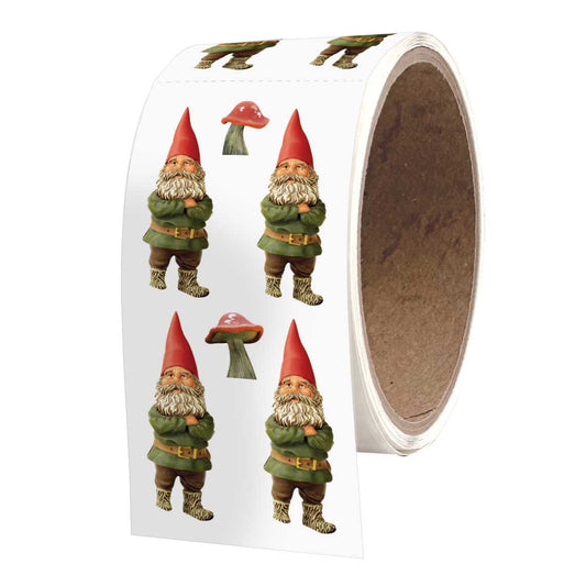 Gnome sticker roll with four cartoon gnomes and red-capped mushrooms