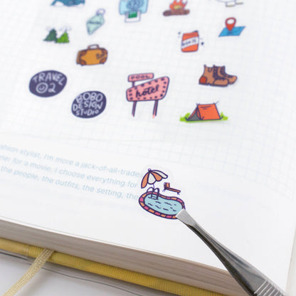 Travel sticker sheet corner with travel badge and notebook by comb tool