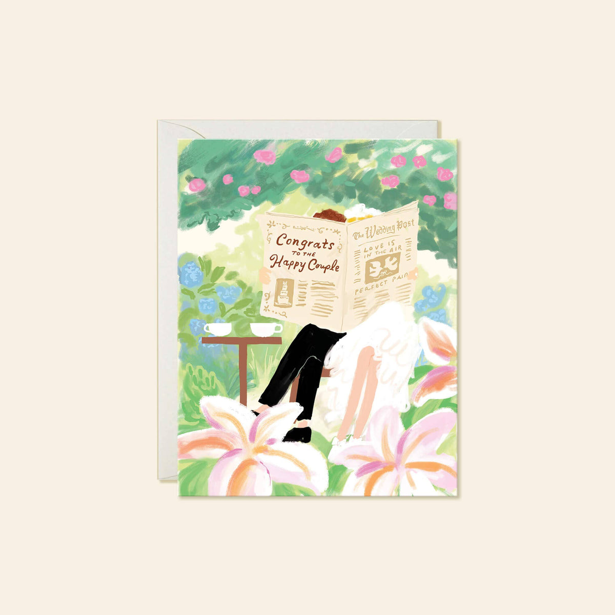 Wedding congratulations card with illustrated newlyweds reading a newspaper among flowers