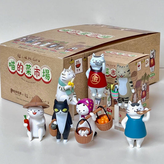 Cat market blind box with open packaging and assorted cat figure toys