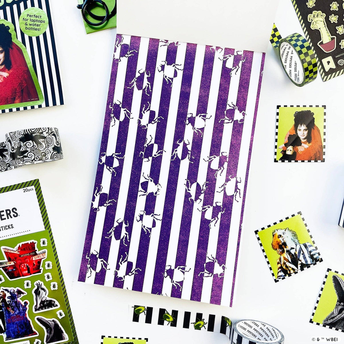 Purple sticker sheet with repeating black pictogram shapes in vertical rows
