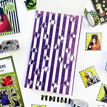 Purple sticker sheet with repeating black pictogram shapes in vertical rows