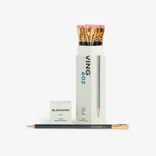 Blackwing 602 pencil set display with boxed pencils and a small product card.