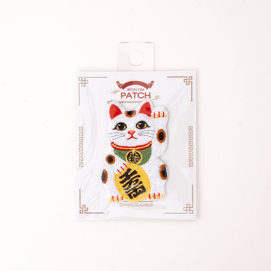 Embroidery iron-on lucky cat patch on retail card, white with red hat and gold coin