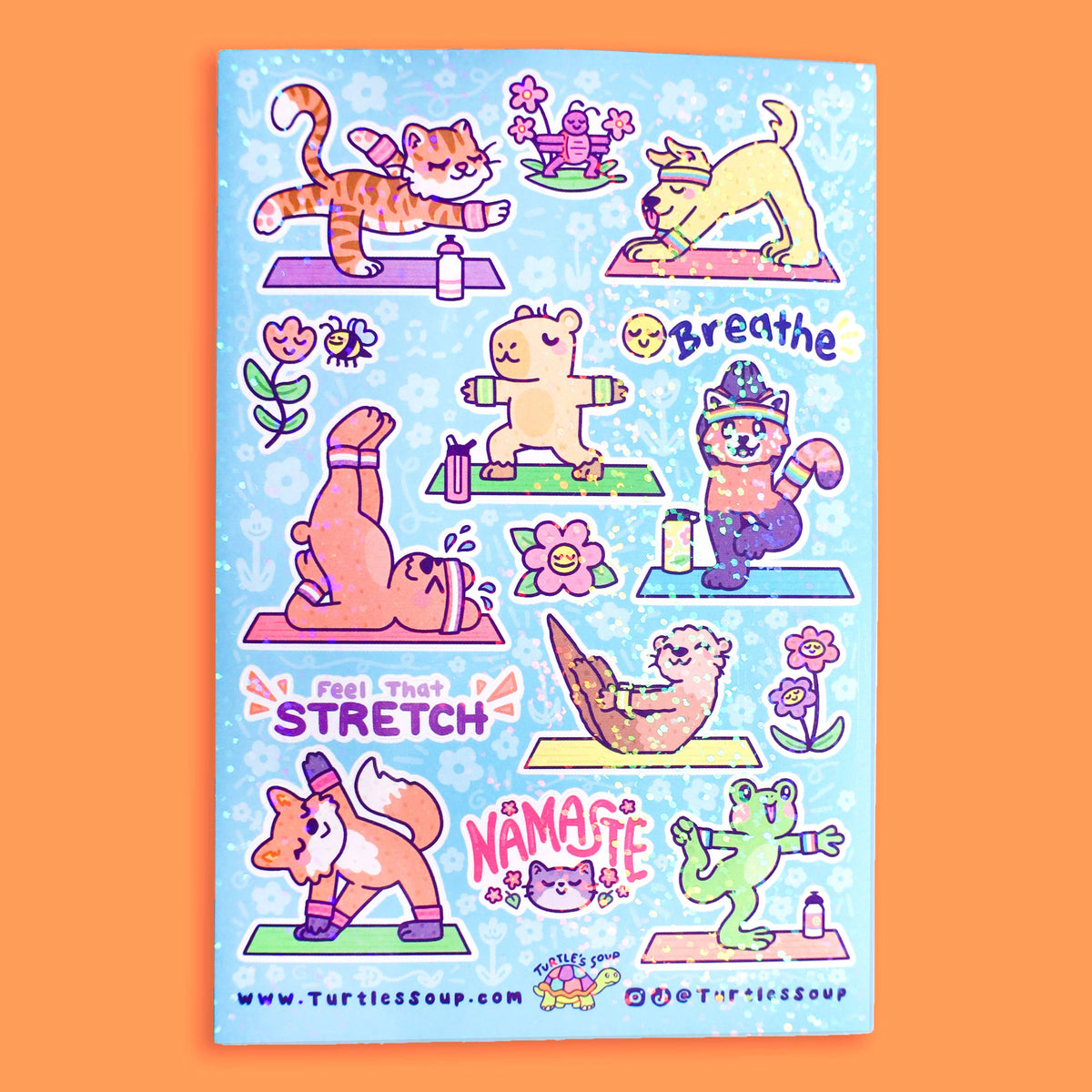 Yoga animal sticker sheet, blue background with fitness pose illustrations