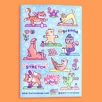 Yoga animal sticker sheet, blue background with fitness pose illustrations
