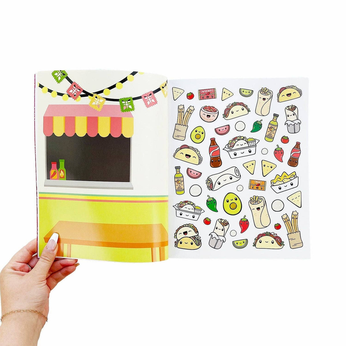 Food sticker book spread with an outdoor eatery scene and surrounding food icon stickers