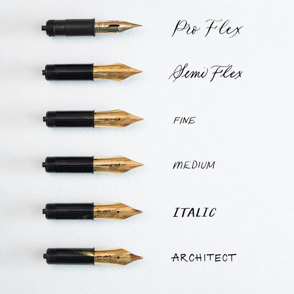 Pocket fountain pen nib tips with gold points on black pen bodies.