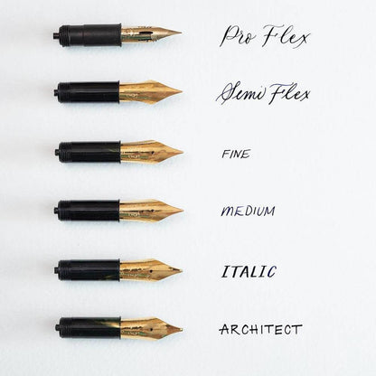 Pocket fountain pen nib tips with gold points on black pen bodies.