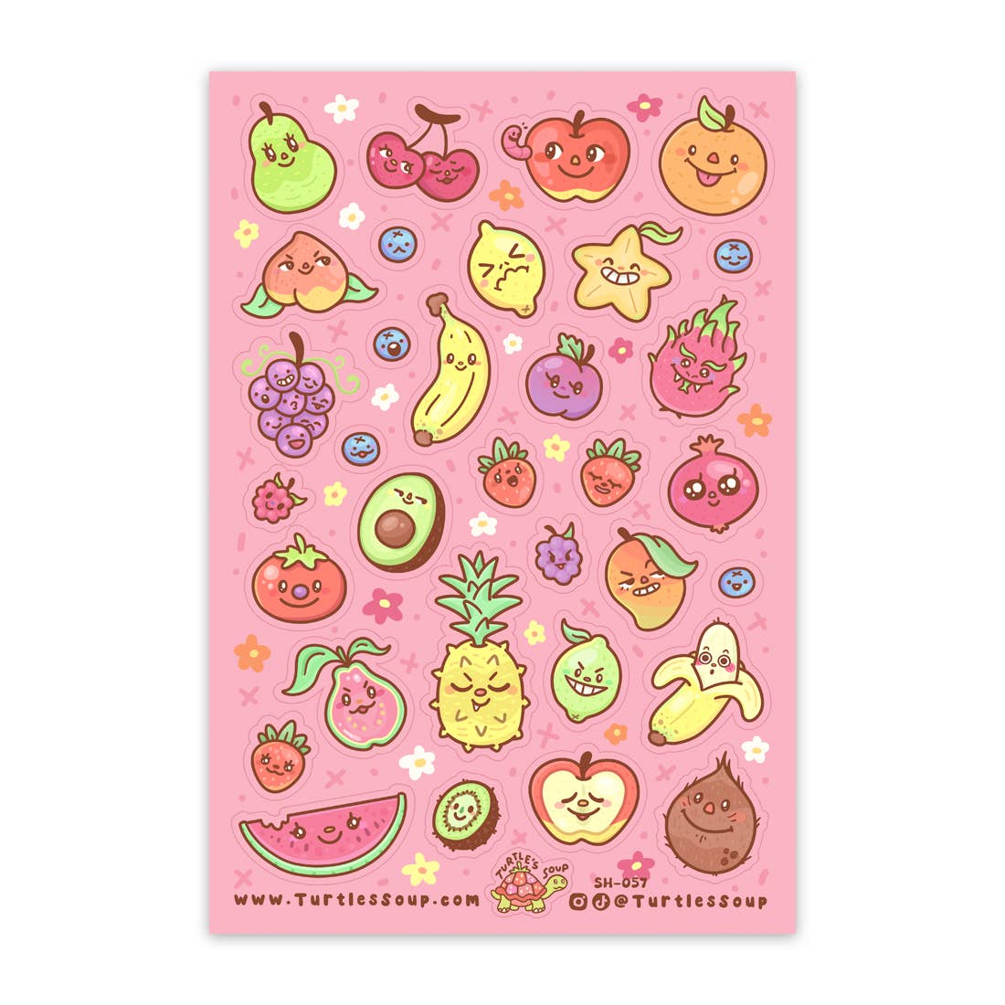 Pink kawaii fruit sticker sheet with cute faces and icons, glittery finish