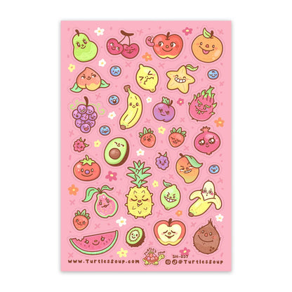 Pink kawaii fruit sticker sheet with cute faces and icons, glittery finish