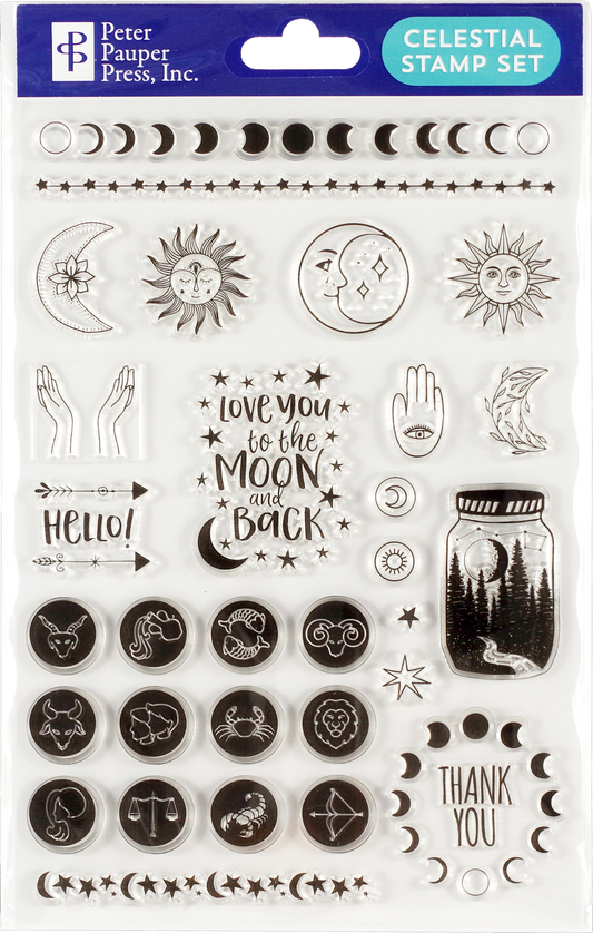 Celestial clear silicone stamp set with sun, moon, stars, and message designs in a pack