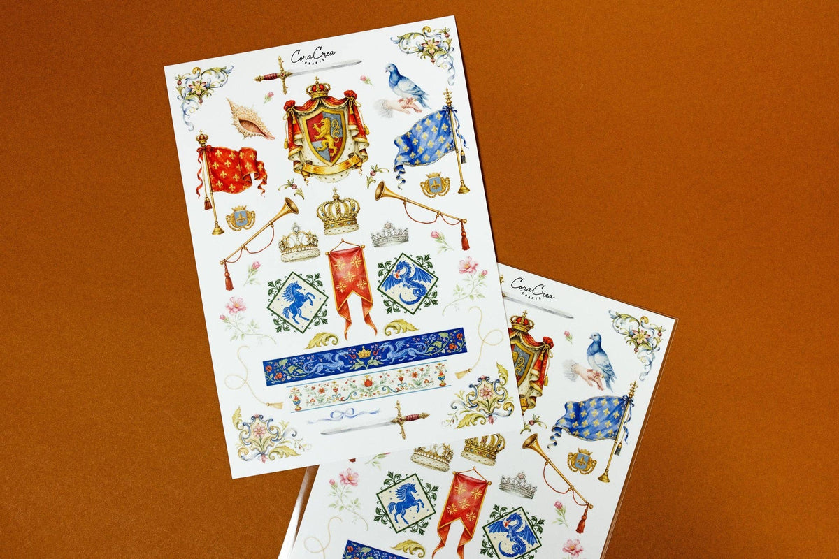 Medieval fable sticker sheet set with overlapping sheets showing shields, crowns, swords, and birds.
