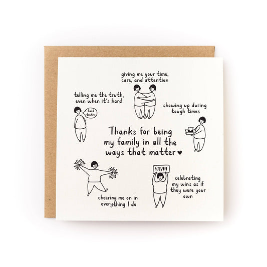 Letterpress printed family greeting card with black illustrated figures and message, folded
