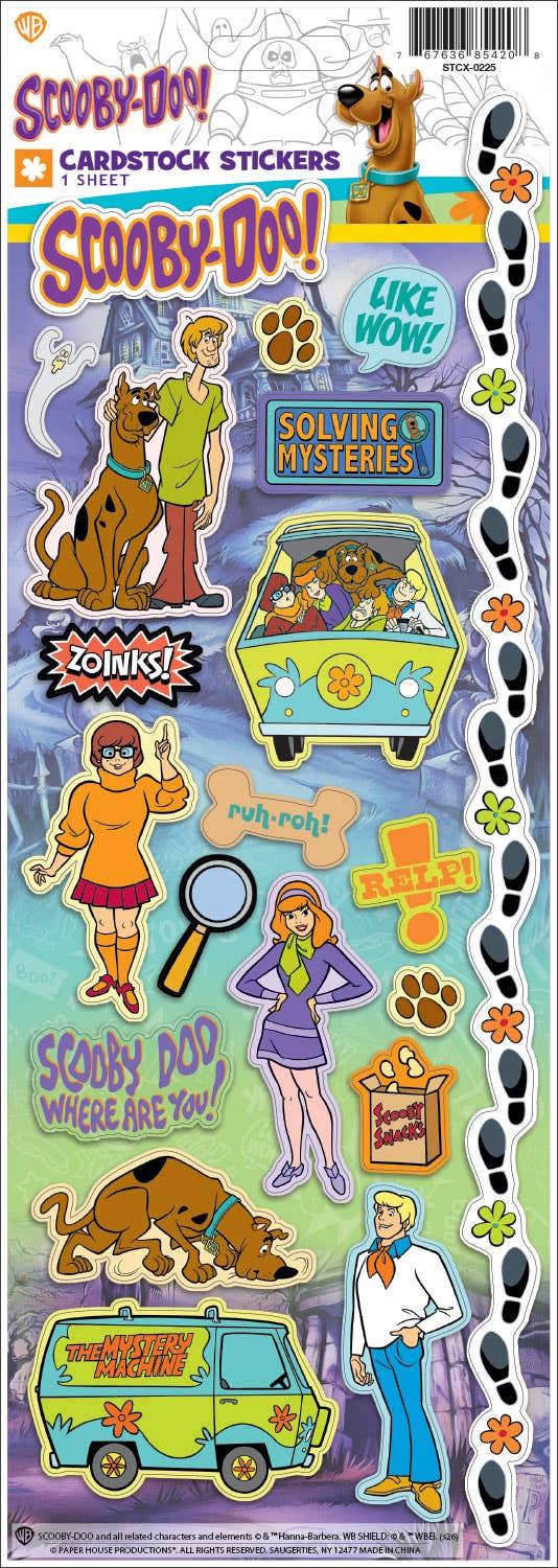 Scooby-Doo themed cardstock sticker sheet with character, van, and paw print designs
