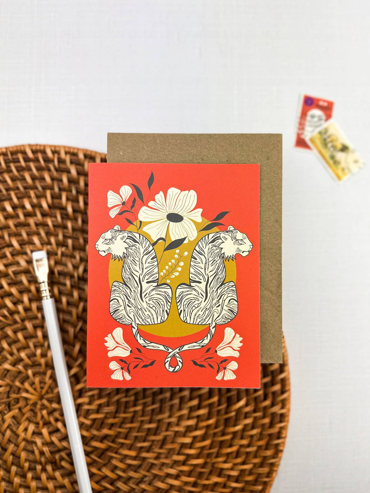 Tiger friendship card with floral artwork and kraft envelope