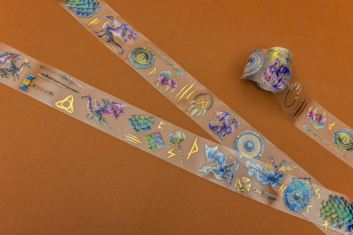 Dragon transparent tape strips with holographic runes, scales, and staffs