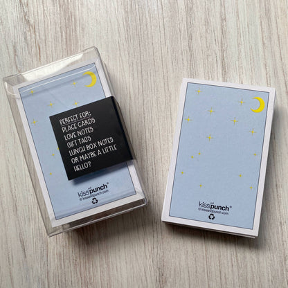 Tarot card mini notecards showing the reverse, with moon and star artwork and Kiss Punch branding.