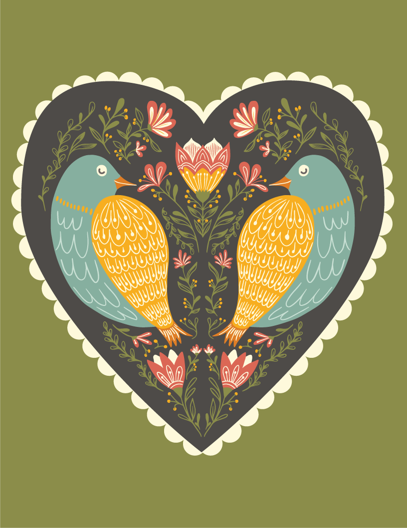 Greeting card artwork of two turquoise and yellow birds inside a floral heart
