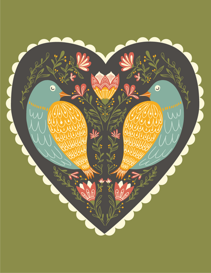 Greeting card artwork of two turquoise and yellow birds inside a floral heart