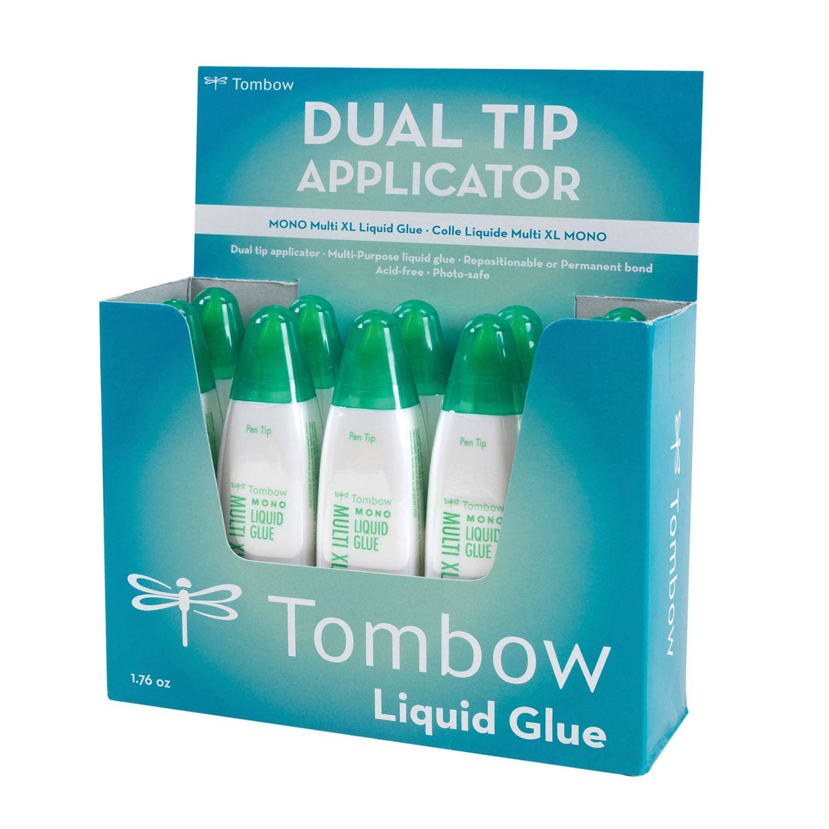 Dual-tip liquid glue box with green applicator bottles