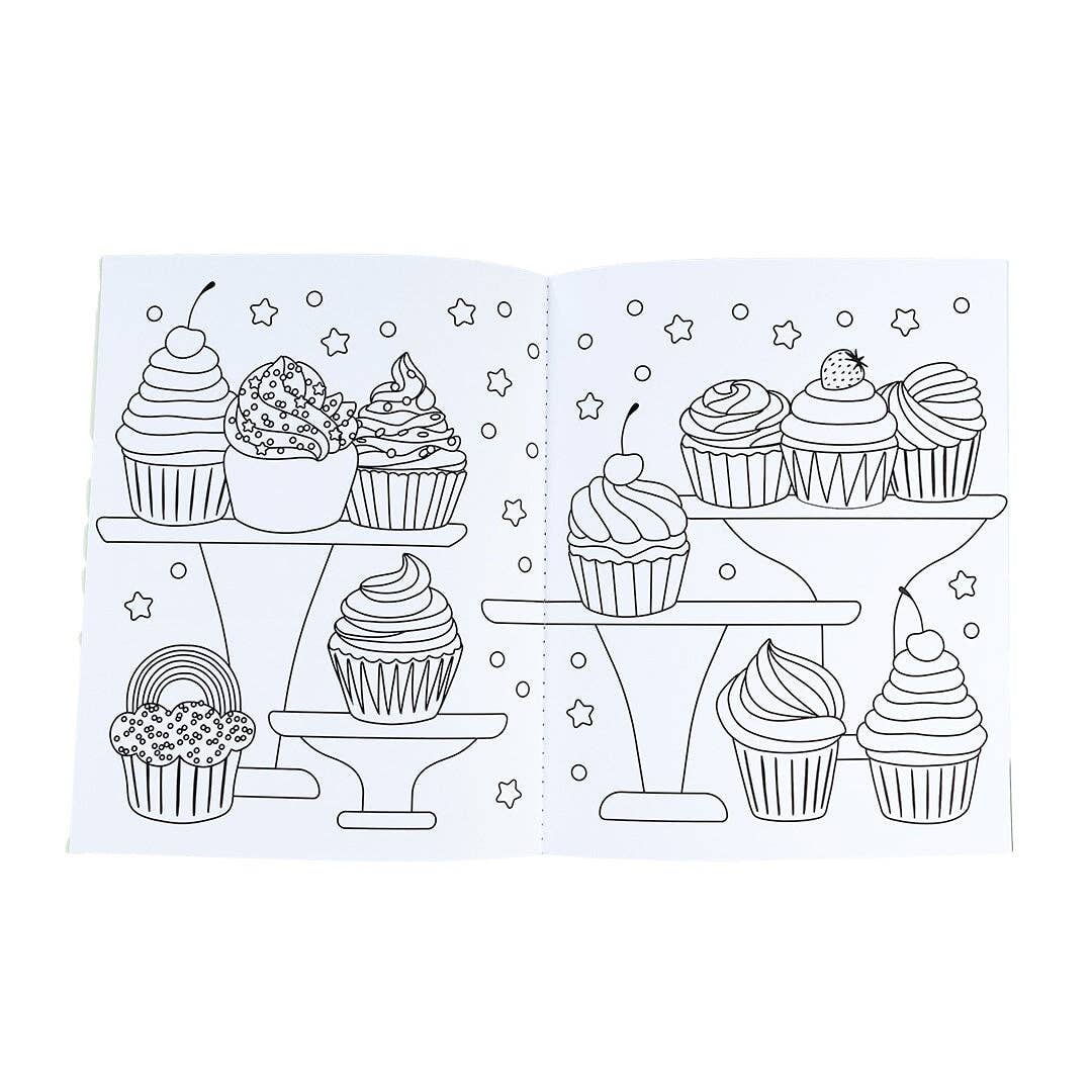 Open sticker activity book pages with outline cupcakes and star sparkles