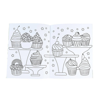 Open sticker activity book pages with outline cupcakes and star sparkles