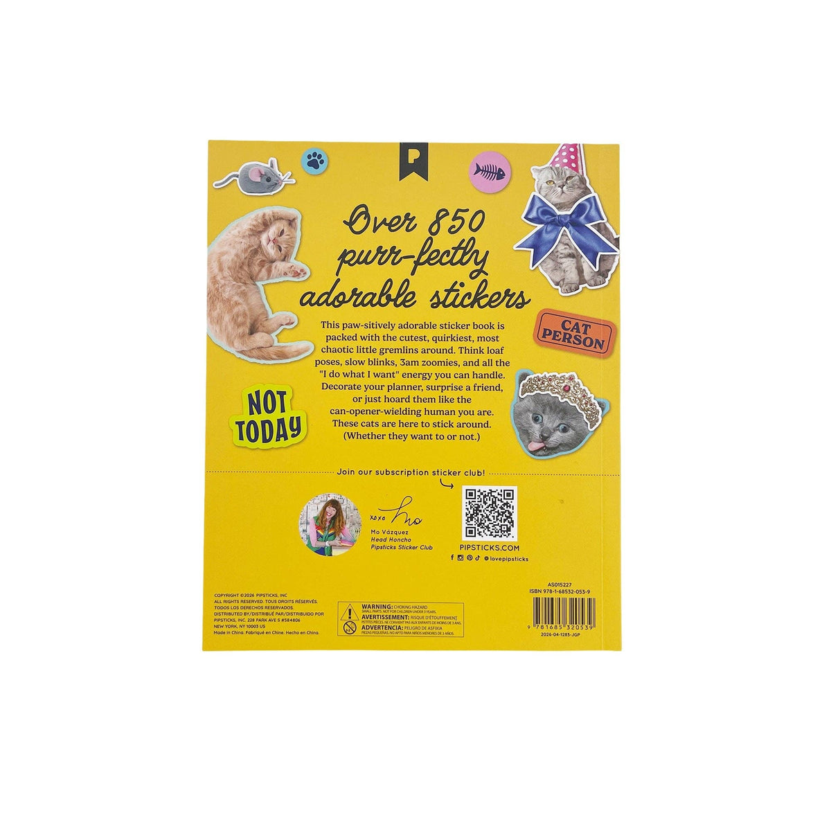 Funny cat sticker book back cover with “over 850” sticker details and animal icons