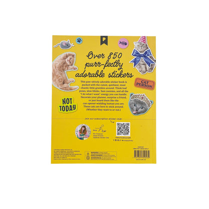 Funny cat sticker book back cover with “over 850” sticker details and animal icons