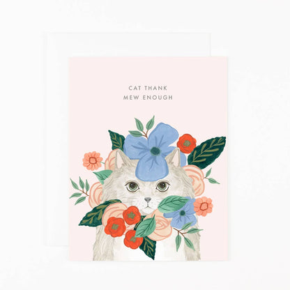 Cat portrait floral quote art print on card, blue flower crown and orange blossoms