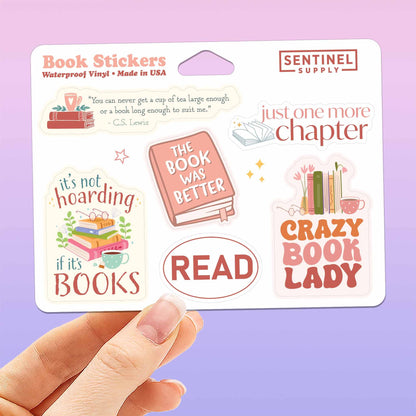 Book Sticker Sheet - Set of 6 Mini Reading Decals w/ Hanger