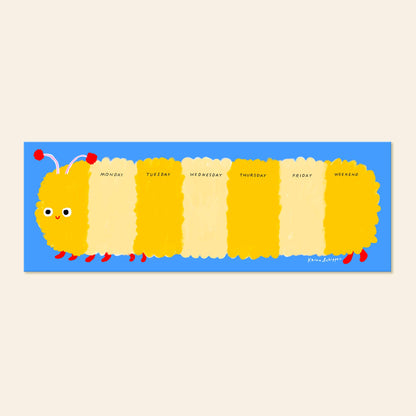 Caterpillar weekly planner pad with Monday to weekend columns on a blue border
