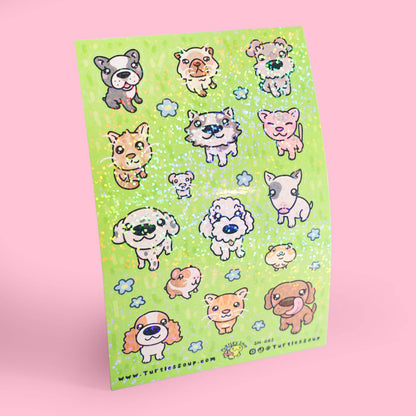Cute big-head pet sticker sheet with multiple animal designs and blue flowers