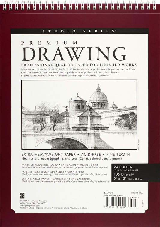 Premium drawing pad cover, maroon binder with white label and city sketch artwork