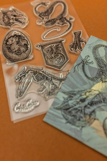 Clear stamps with dragon, snake, medallion, and banner icons with scalloped details