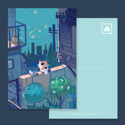 Vertical postcard featuring cartoon kitten in a night city street scene