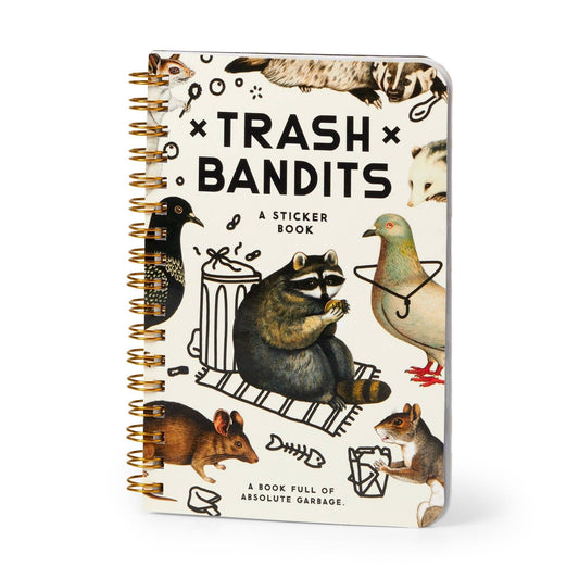 Trash Bandits sticker book with spiral binding and illustrated animal cover artwork.