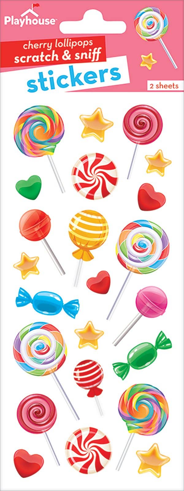 Scratch-and-sniff sticker sheet with lollipops, hearts, stars and candies