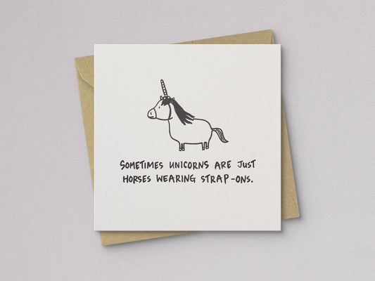 Greeting card with unicorn-horse line art and matching kraft envelope, letterpress text