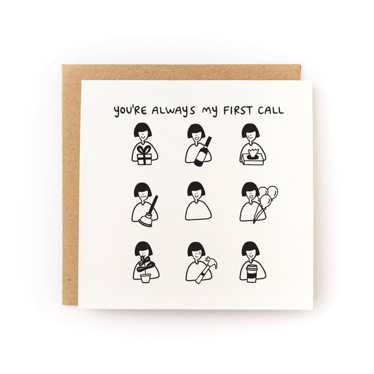 Love & friendship card with letterpress text “You’re always my first call” and gift icons