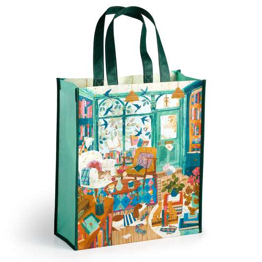 Reusable tote bag with teal handles and detailed colorful bookshop artwork