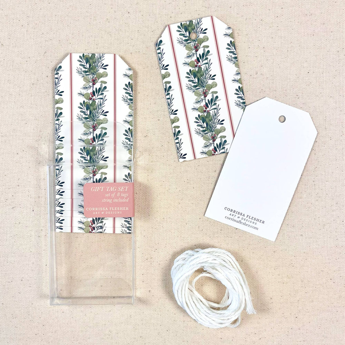 Christmas gift tag set with greenery and berries designs, includes white string and tag