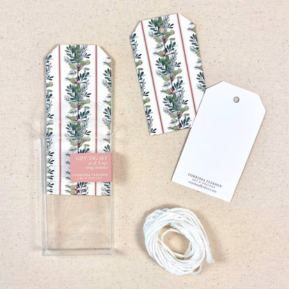 Christmas gift tag set with greenery and berries designs, includes white string and tag