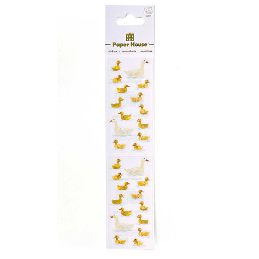 Duck swimming sticker sheet with yellow ducks and a white duck, assorted poses
