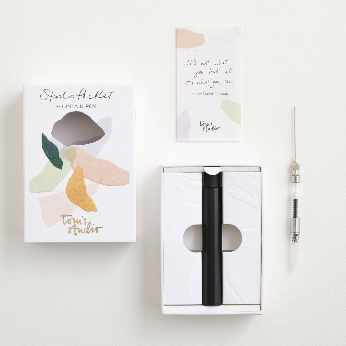 Pocket fountain pen gift set in a box with cards and a slim pen.
