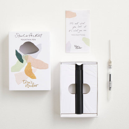 Pocket fountain pen gift set in a box with cards and a slim pen.